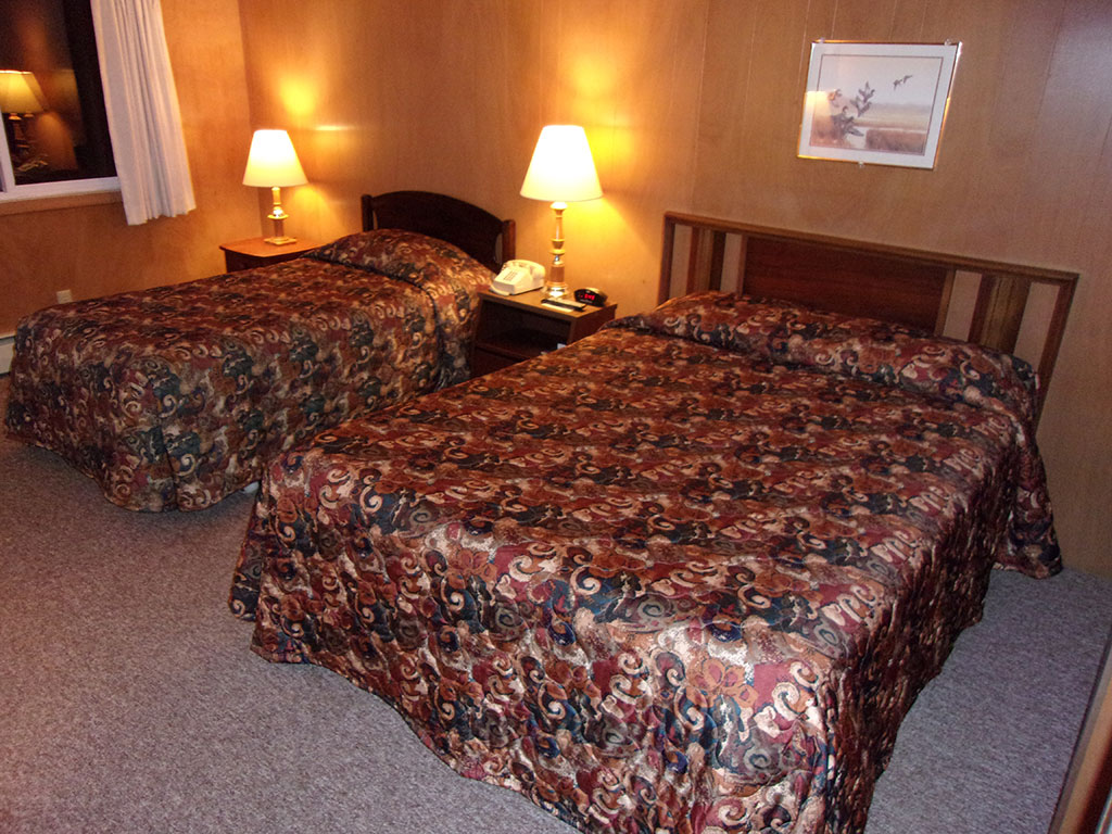 standard size guest room with one queen and one twin size beds
