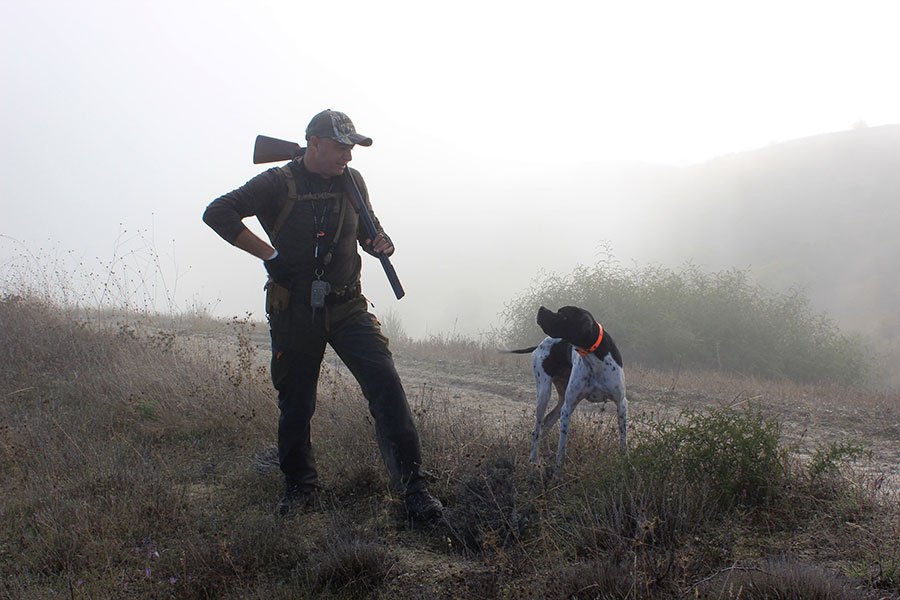 misty foggy morning scene with hunter and his hunting dog